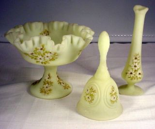 Vtg Fenton Custard Glass Vase Bell And Compote Hand Painted & Signed By Artist
