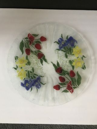 Peggy Karr 14 " Large Round Platter Plate Fused Glass Tulips Daffodils Floral