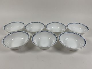 Set Of 7 Corelle By Corning Cereal Soup Bowls White Blue Bands 6.  25”