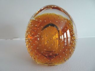 Vintage Robert Hamon Art Glass Amber Controlled Bubble Paperweight Mid Century