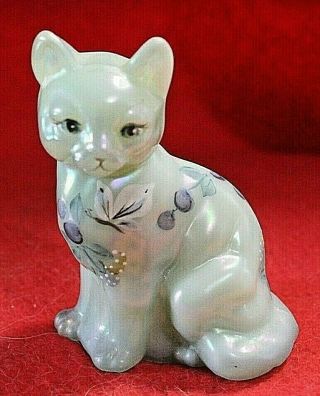 Fenton Hand Painted & Signed Green Glass Cat With Flowers