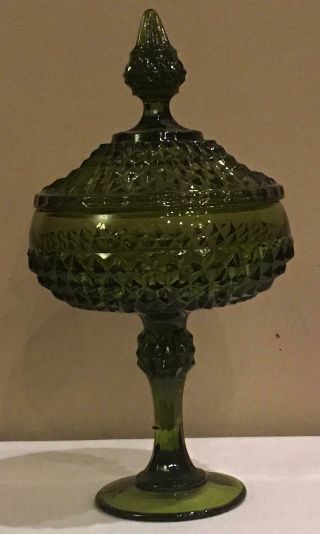 Vintage Indiana Avocado Green Cut Glass Covered 2 - Cup Dish Bowl