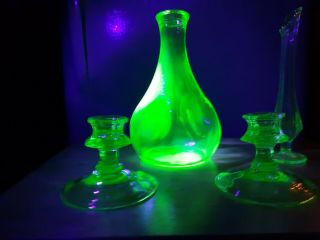 Rare Set Of 4 Antique Uranium Glass / Vaseline Vases & Candle Holders - Potion