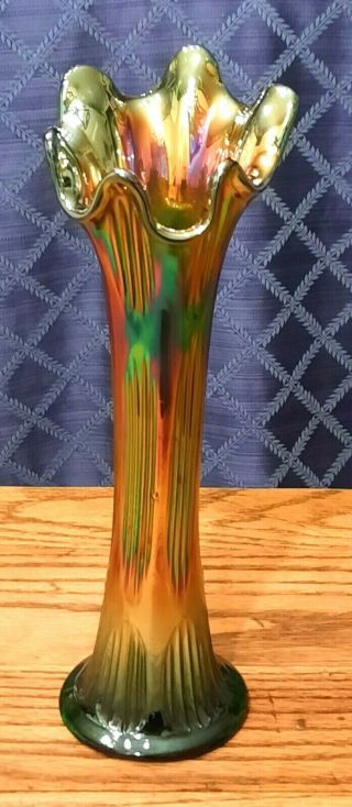 Vintage Carnival Glass Diamond & Rib Vase 11 - 3/4 " Fenton Green Cond.