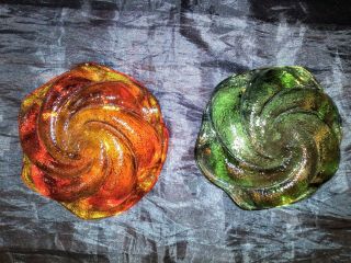 2 Fenton Art Glass Green Swirl And Amber Orange Form Dish/ashtrays.  5.  5 In