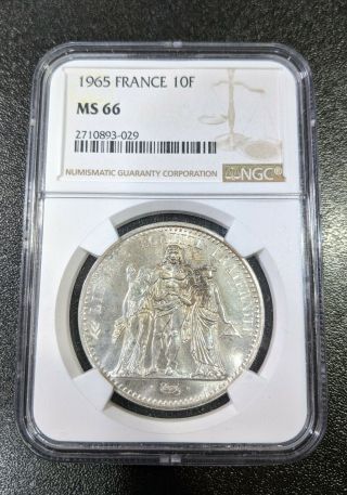 1965 Ms66 France Silver 10 Francs Ngc Km 932 1st Year Type Hercules