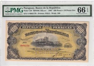 1907 Paraguay 100 Pesos P - 159 S/n A 0005170 Pmg 66 Epq Gem Unc