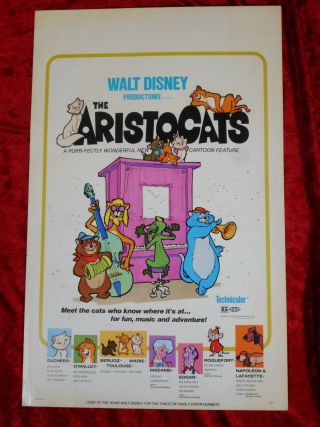 The Aristocats 1971 Classic Disney Animation Cartoon 14 X 22 Window Card