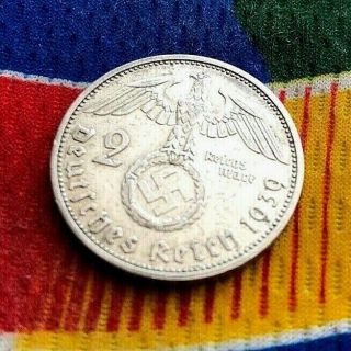 1939 E 2 Mark Wwii German Silver Coin 3rd Reich Swastika Reichsmark Coin 5