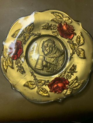 Rare Goofus Glass 6 - 3/4”plate Man Drinking Ale Beer Gold & Red Rose 95 Paint.