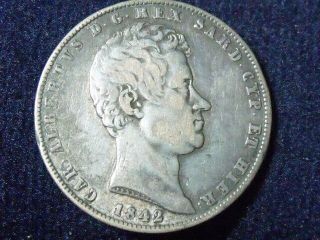 1842 T Italian States Kingdom Of Sardinia Carlo Alberto 5 Lire.  900 Silver P - 151