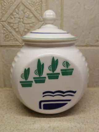 Anchor Hocking Fire King Vitrock Navy Blue Green Flower Pots Grease Jar W/lid
