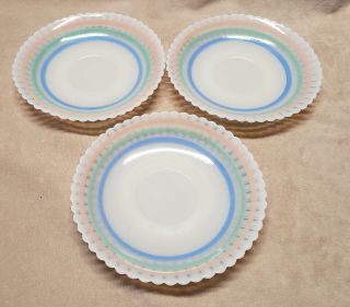 3 Macbeth Evans Petalware Cremax W/ Pastel Colored Bands 6 " Saucer Plates