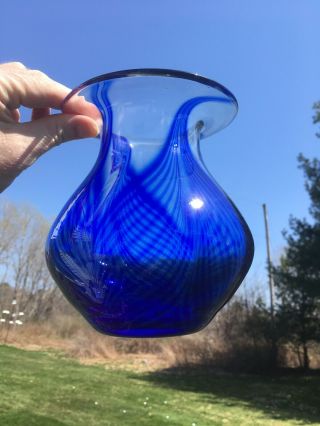Larson Studio Art Glass Vase Pulled Feather Blue Swirl Nailsea Jersey Style