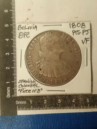 1808 - Pts Pj 8 Reales Silver Coin Bolivia (spanish Colonial) Vf Km - 73