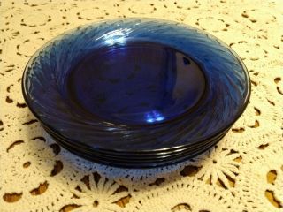 Set Of 5 Pyrex Festiva Cobalt Blue Glass Swirl 7 1/2 " Luncheon Salad Plates