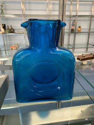 Blenko Double Spout Water Pitcher Ocean Blue Art Glass Carafe