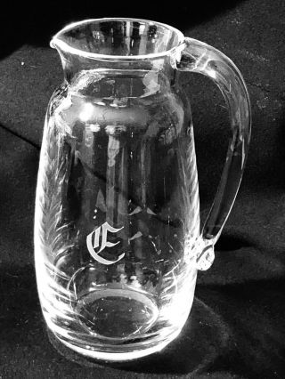 Signed Steuben Clear Glass Pitcher Monogrammed W/ E 7 1/2 Inch Tall
