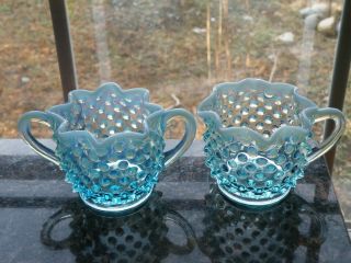 Vintage Fenton Glass Hobnail Blue Opalescent Star Sugar & Creamer