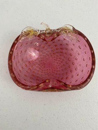 Murano Cranberry Bullicante Gold Flecks Italian Art Glass Apple Ring Dish Bowl