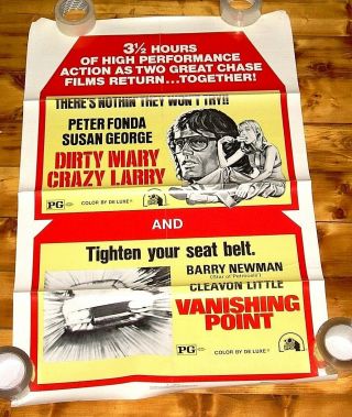 Dirty Mary Crazy Larry,  Vanishing Point Double Bill One Sheet 1975 Vg,