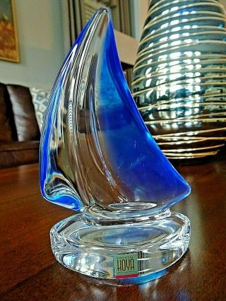 Crystal Hoya Art Glass Blue Sailboat Figurine Sculpture Made Japan