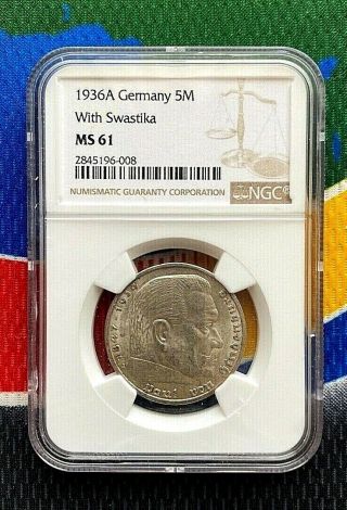 Ngc Ms 61 1936 A Wwii 5 Mark Silver German Third Reich Coin 5