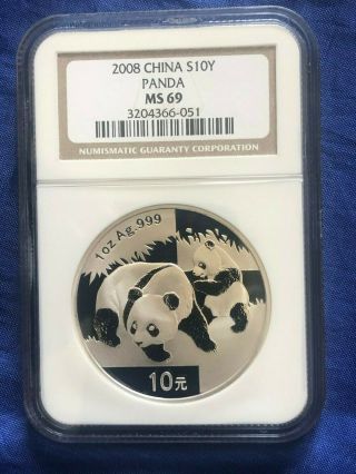 China 2008 10 Yuan 1 Oz Silver Panda Ngc Ms 69 Cert No.  3204366 - 051