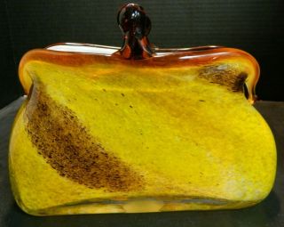 Vintage Murano Yellow & Brown Art Glass Snap Purse Planter / Vase Cond