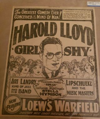 1924 Very Large 8x10 Harold Lloyd Silent Film Ad Girl Shy Choice