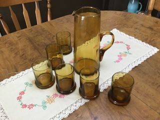 Vintage Mcm Hand Blown Amber Art Glass Pitcher Set W/ 6 Brown Retro Juice Cups