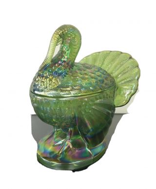 Vintage Green Carnival Glass Turkey Covered Candy Dish
