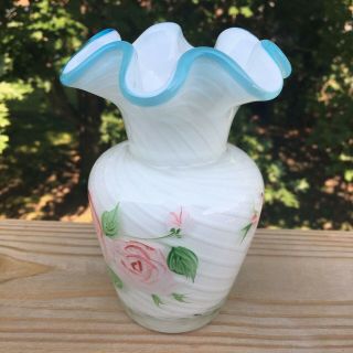 Fenton Style Art Glass 6″ Vase Blue Edged Ruffle White Swirl Hand Painted Roses