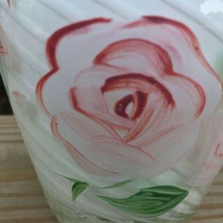 Fenton Style Art Glass 6″ Vase Blue Edged Ruffle White Swirl Hand Painted Roses 2