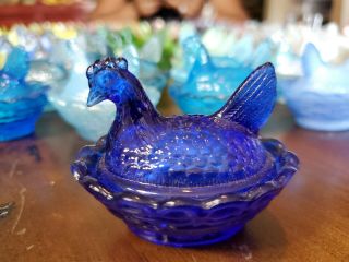 Boyd Nesting Hen Chick On Nest 2.  5 Salt Dip Cellar Glass Chicken Cobalt Blue 36