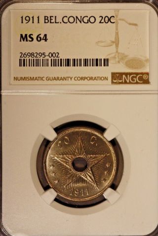 1911 Belgian Congo 20 Centavos Ngc Ms 64 U.  S.