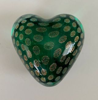 Robert Held Art Glass Canada Green Gold Iridescent Heart Paperweight