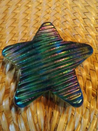 Robert Held Art Glass Rhag Aqua Blue Iridescent Star Paperweight Signed & Labled