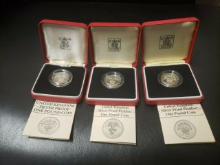1984,  1985,  1986 United Kingdom Sterling Silver Proof Piedfort One Pound Coins.
