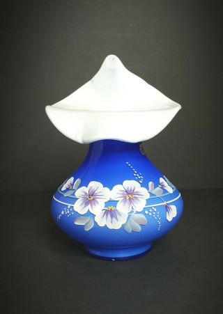 Fenton Art Glass Hand Painted White Flowers On Cobalt Overlay Tulip Vase