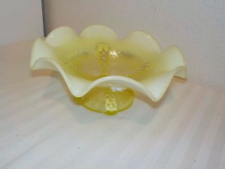 Vintage Vaseline Opalescent Glass Pedestal Footed Bowl Dish Northwood?