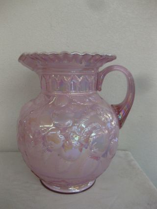 Fenton Glass Pitcher Pink Opalescent Iridescent Cherry Fruit Design Large