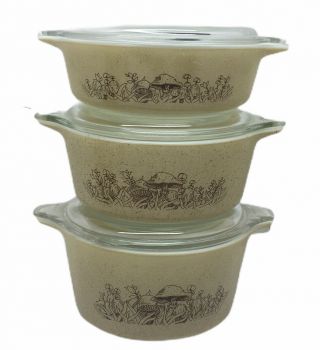 Set Of 3 Pyrex Forest Fancies Mushroom Casserole Dishes With Lids Vintage