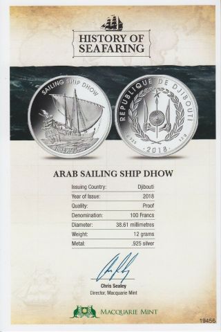 Djibouti 100 franc 2018 Sailing Ship Dhow Ship Sailboat Silver Proof 2