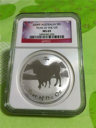 2009 - P Australia $1 Year Of The Ox 1 Oz.  999 Silver Ngc Ms 69 Gem Bu