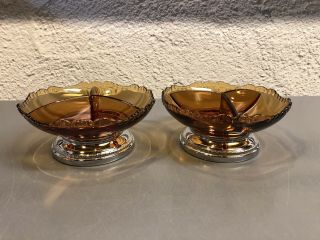 Cambridge Glass Co & Farber Bro’s Amber Gadroon Nut Candy Dishes,  Pair Art Deco