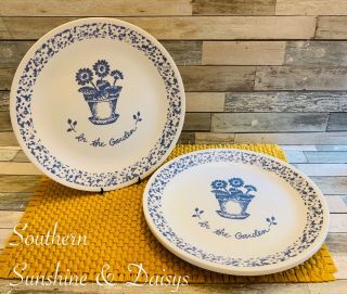 Set Of 4 Corelle " In The Garden " Dinner Plates 10 " Blue Sponge Flower Pot