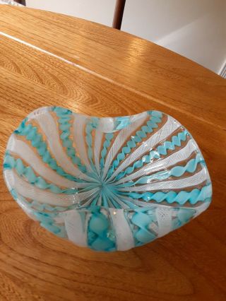 Hand Blown Murano? Glass Blue And White Lattice Work Glass Bowl