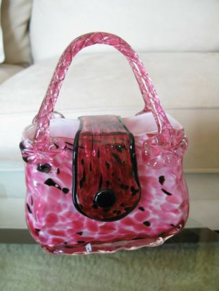 Hand Blown Murano Style Art Glass Purse Vase Pink Black Splatter Confetti Lovely