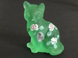 Fenton Sitting Cat Clear Green With Pink Flowers